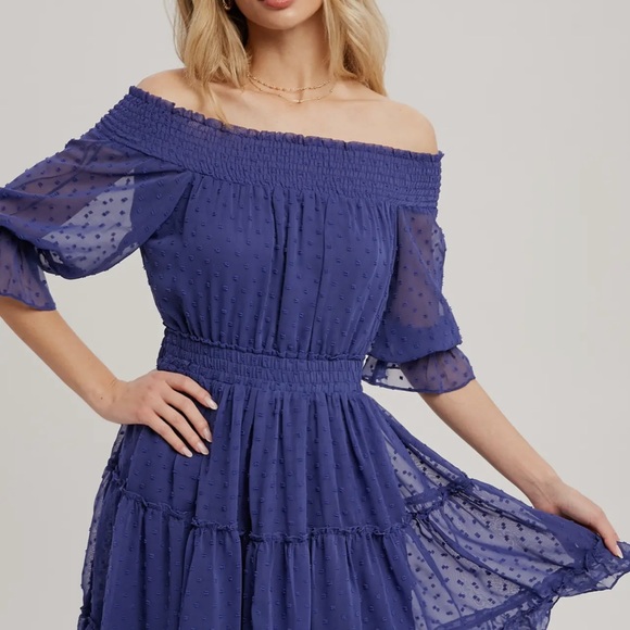 Blue Smocked Off-Shoulder Midi Dress - Picture 1 of 2